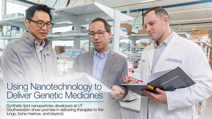 Three researchers at a laboratory in UT Southwestern Medical Center discuss over a document related to nanotechnology for delivering genetic medicines, standing beside lab equipment.