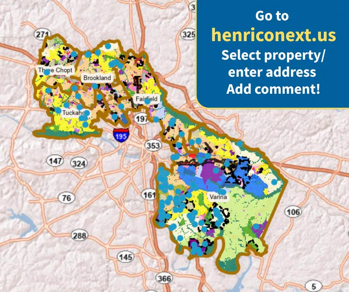 A map of Henrico County with areas marked in many different colors to indicate different land uses, such as residential or office. Go to henriconext.us, select property/enter address and add comment