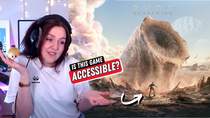 Arevya shrugging and the text "is this game accessible?" with a arrow towards a man and a sandworm