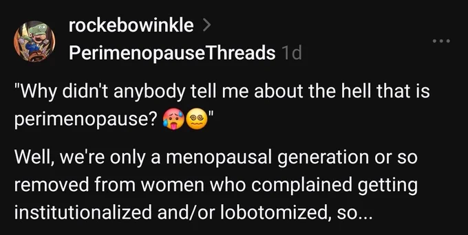 "Why didn't anybody tell me about the hell that is perimenopause? 🥵😵‍💫"

Well, we're only a menopausal generation or so removed from women who complained getting institutionalized and/or lobotomized, so...