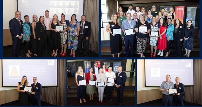 Collage of five photos, with various WA award recipients being presented their certificates. 