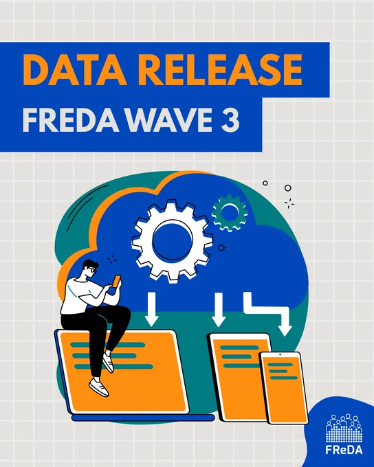 Illustration announcing "Data Release – FReDA Wave 3". A person sits on a large laptop holding a smartphone. Gears and arrows above symbolize data flow to other devices like tablets and documents. The FReDA logo appears in the bottom right corner.
