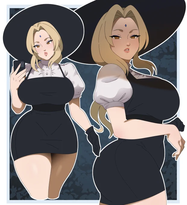 Tsunade in a black dress taking a selfie