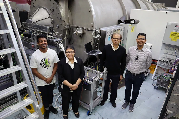 Dr Nisal Wanasingha, Professor Namita Roy Choudhury, Professor Naba Dutta and Associate Professor Jitendra Mata with Quokka, the small angle neutron scattering instrument at the Australian Centre for Neutron Scattering. Credit: ANSTO.