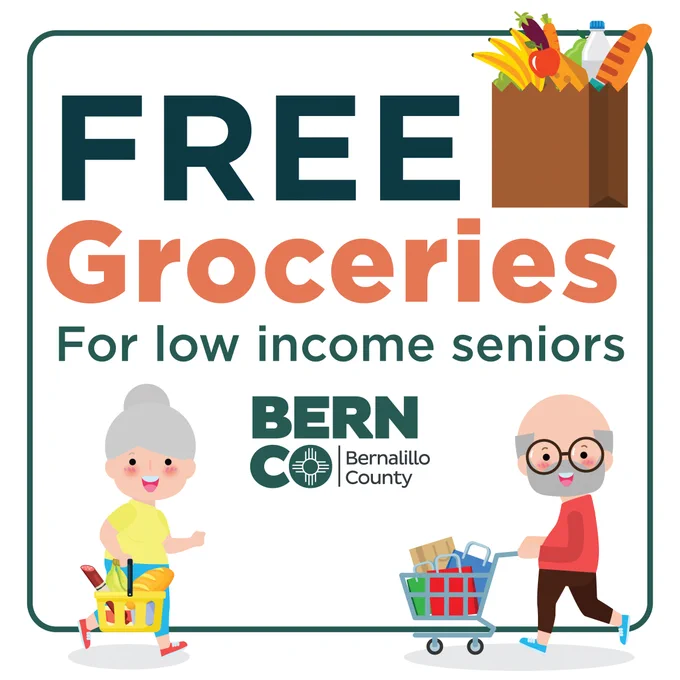 Promotional poster for free groceries for low income seniors, featuring a cartoon of two seniors with shopping carts full of groceries, and a Bernalillo County logo.