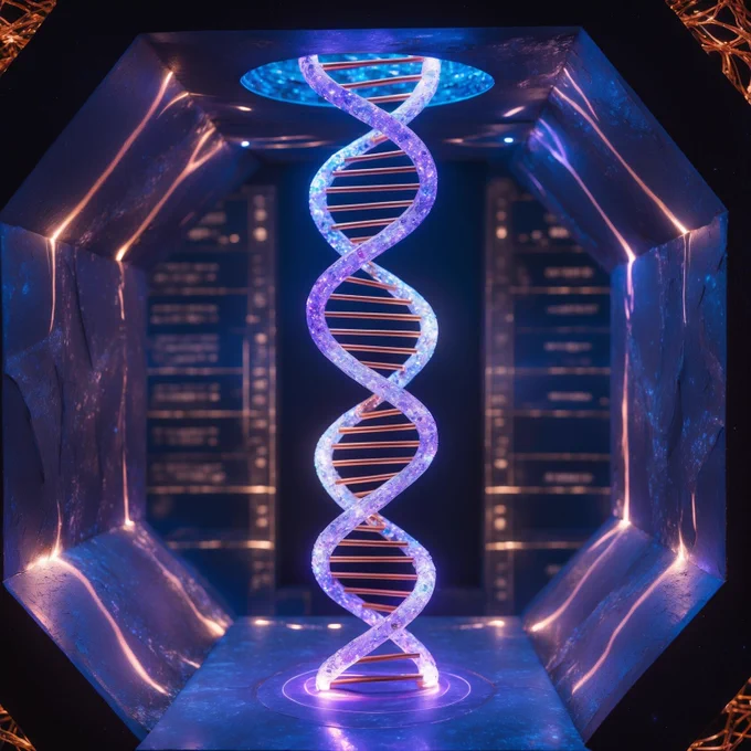 Amethyst-copper DNA helix in bioluminescent archive chamber