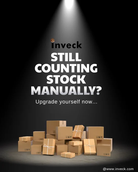A dark-themed promotional graphic showing stacked cardboard boxes with the tagline "Still counting boxes?" in bold white text. The image highlights Inveck’s purpose as a modern inventory management solution, hinting at automation and efficiency over manual stock counting.

