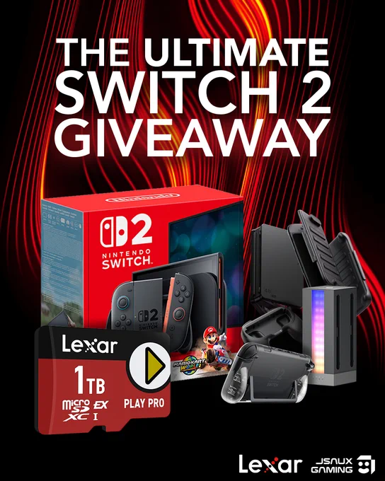 Text at the top reads "THE ULTIMATE SWITCH 2 GIVEAWAY". Below pictures a Nintendo Switch™ 2   Mario Kart™ World Bundle, a 1TB Lexar® PLAY PRO microSDXC™ Express Card, and four items from the JSAUX Nintendo Switch 2 Accessory Bundle. Below that are the Lexar and JSAUX Gaming logos. The background is textured red lines.