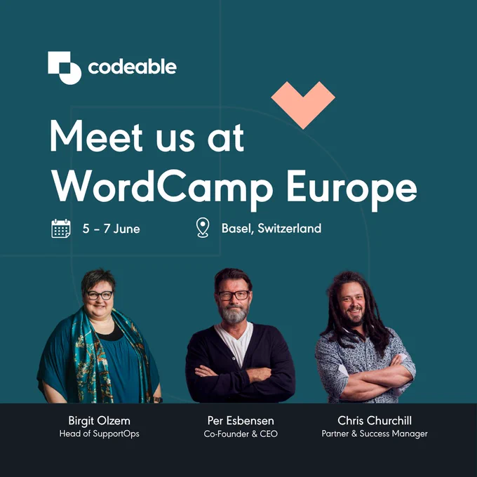 a graphic with text "meet us at WordCamp Europe" and headshots of three middle-aged persons