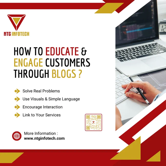 Informative blog marketing banner by NTG Infotech with a step-by-step list on using blogs to connect with customers, featuring bold red and yellow brand colors.