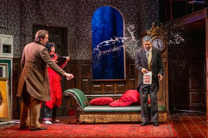 The new cast of The Play That Goes Wrong - liquid is being sprayed across the stage!