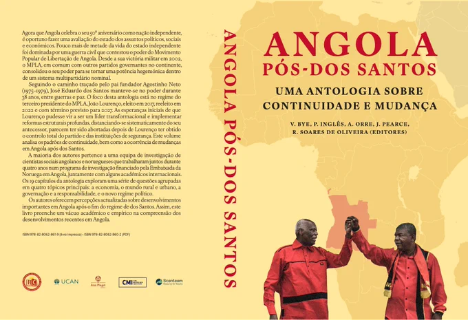 Capa do Livro: Foto de dos Santos e Lourenço às mãos juntadas, superposada em mapa amarela da Africa, com Angola tinta em vermelho. 