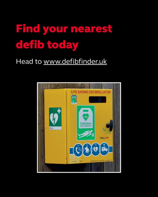 Red text reads "Find your nearest defib today". Features a yellow defibrillator box mounted on a wall with a website URL "defibfinder.uk"