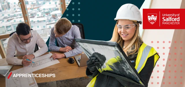 Construction apprentices, two surveying blueprints in a Manchester office and one on site in safety gear