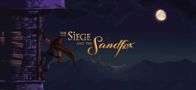 A character climbs a stone wall under a moonlit sky, with the title "The Siege and the Sandfox" displayed above.