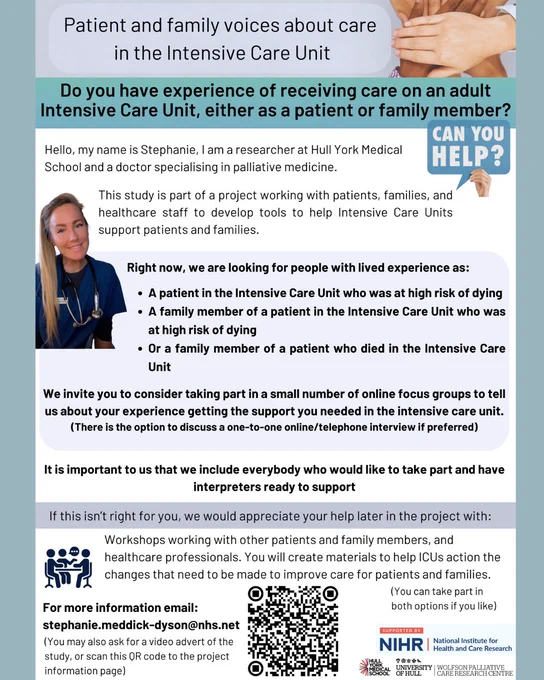 A flyer for Stephanie's study. For more information, visit: https://brave-icu.my.canva.site/#patient-and-family-focus-groups