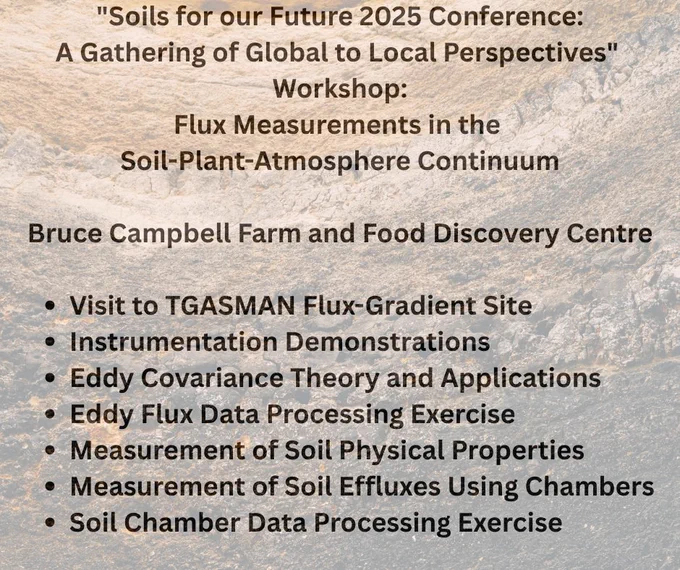 Background is a soil profile ranging from orange-brown at the top to grey at the bottom, shown at 40% opacity. Text says "Soils for our Future 2025 Conference:
A Gathering of Global to Local Perspectives" Workshop:
Flux Measurements in the Soil-Plant-Atmosphere Continuum. Bruce Campbell Farm and Food Discovery Centre

Visit to TGASMAN Flux-Gradient Site 
Instrumentation Demonstrations
Eddy Covariance Theory and Applications
Eddy Flux Data Processing Exercise
Measurement of Soil Physical Properties
Measurement of Soil Effluxes Using Chambers
Soil Chamber Data Processing Exercise