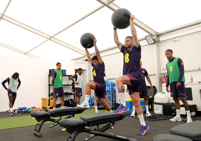 Kyle Walker and Morgan Gibbs-White take part in a gym session in Spain 