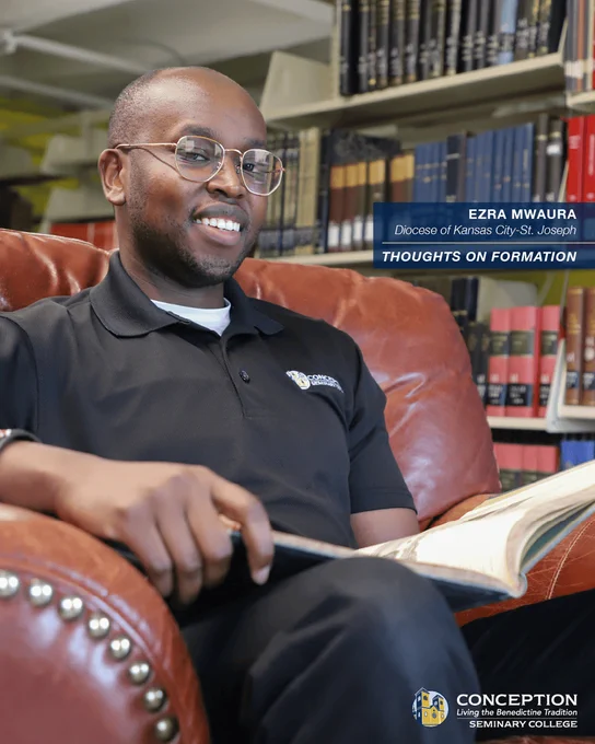 A young man sits inside a library, wearing a black polo shirt with the Conception Seminary College logo. Text overlays indicate his name, "Ezra Mwaura", his affiliation with the Diocese of Kansas City-St. Joseph, and introduce his thoughts on formation stages at Conception Seminary College.