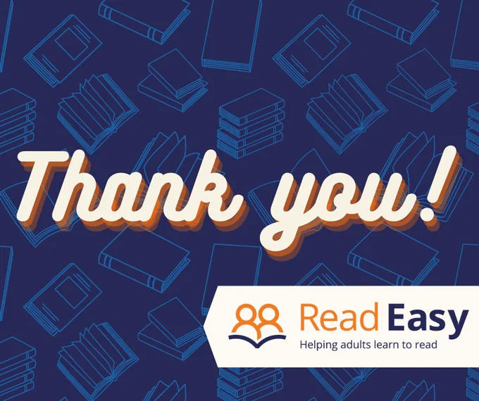 A navy background with light blue illustrations of books. Cream and orange text in swirly font states Thank you! The Read Easy logo is in the bottom corner
