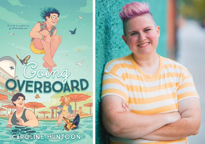 Going Overboard book cover on the left; Caroline Huntoon author portrait on the right.