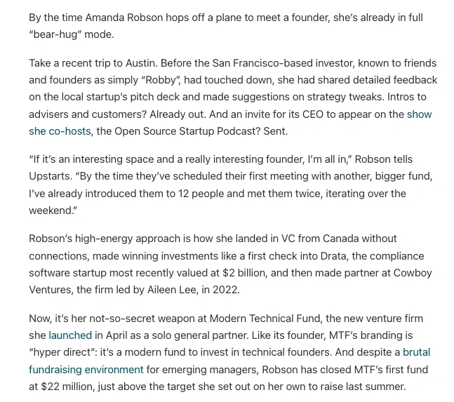 Amanda Robson has raised $22 million for her new fund MTF.