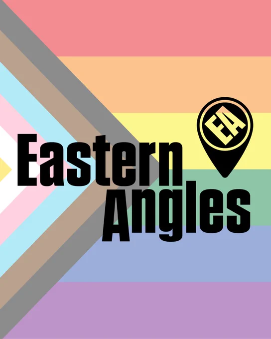 Pride flag with Eastern Angles logo in black over the top