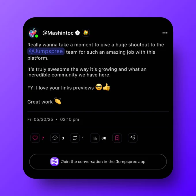 A screenshot of a user @Macintosh on Jumpspree posted that they like the Jumpspree and gave a shoutout to the Jumpspree team for doing an amazing job building the platform. They also mentioned that the Jumpspree community is incredible and that they love the Jumpspree link previews.