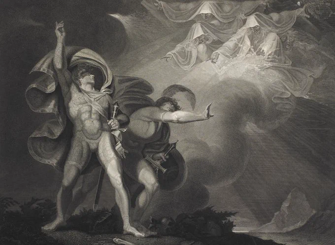 A greyscale print depicting Macbeth, Act 1, Scene 3. A heath, Macbeth, Banquo and three witches