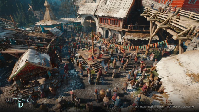 Screenshot from The Witcher 4 Unreal Engine 5 Tech Demo shows the busy medieval market of Valdrest with dozens upon dozens of NPCs crowding around a band performing on stage. The Witcher 4 logo is printed in the bottom left corner alongside text that reads, “Technical Presentation — Not Actual Gameplay.”