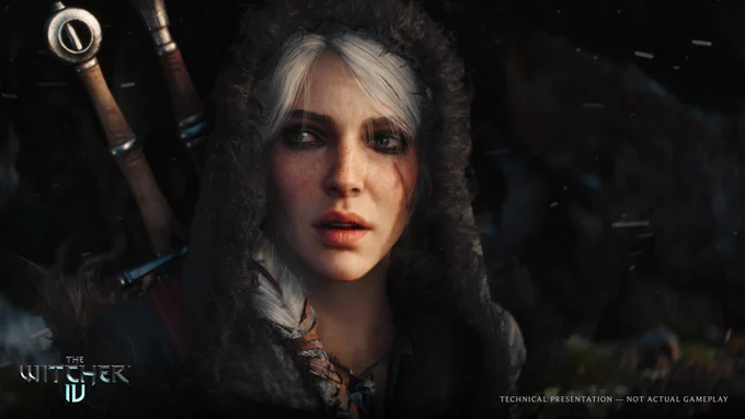 Screenshot from The Witcher 4 Unreal Engine 5 Tech Demo shows a close-up of Ciri wearing her hood up, looking off in the distance. Her two swords can be seen on her back. The Witcher 4 logo is printed in the bottom left corner alongside text that reads, “Technical Presentation — Not Actual Gameplay.”