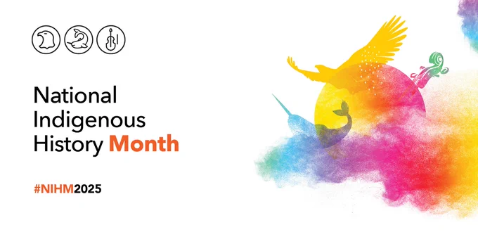 English image for Facebook, X (Twitter) and LinkedIn with 3 illustrations: an eagle representing First Nations, a narwhal representing Inuit, and a violin representing Métis. These illustrations are placed around the sun and surrounded by multicoloured smoke that represents Indigenous traditions, spirituality, inclusion and diversity. 

English text: 
National Indigenous History Month 
#NIHM2025 