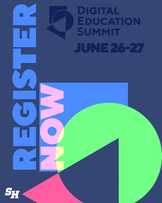 Promotional poster for the Digital Education Summit, scheduled for June 26-27, featuring bold text and a graphic of a stylized pie chart in green and pink, set against a dark blue background.