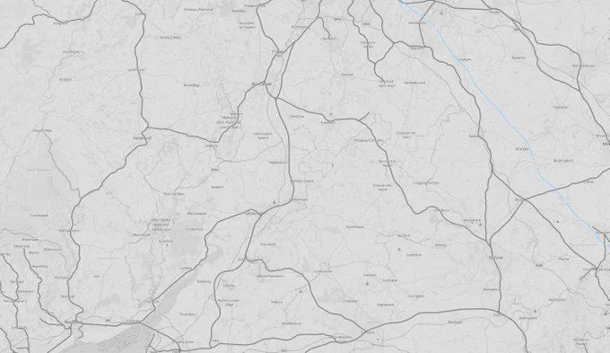 Map from OpenRailwayMaps showing now direct railway lines connecting wales with Oxford, all the lines go via England and aren't exactly quick