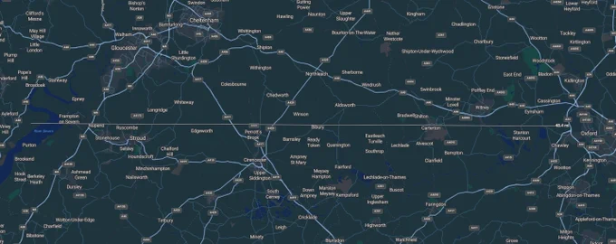 Map showing a line as the crow flys between the welsh border and Oxford, near 50 miles