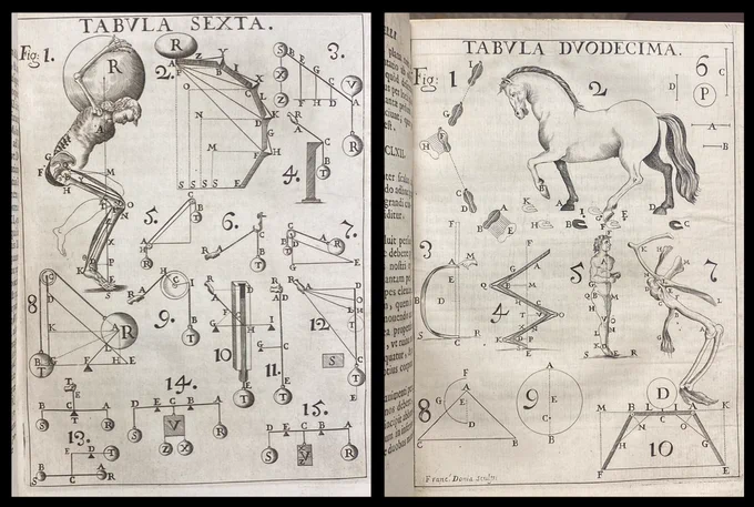 Images are two plates from Borelli’s 1680 book on motion, depicting human and animal motion based on mechanical principles.