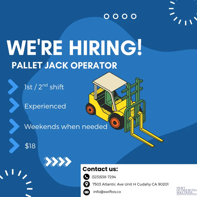 We're hiring for pallet jack operator, feel free to contact us! #work #applynow #palletjackoperator #weekendjob #warehouseexperience #fulltimejobs #1stshift #2ndshift #jobagency #sos #cudahy #southgate