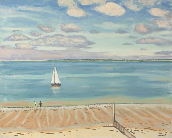 A painting of a waterfront scene. Two people stand on the shore and a sailboat can be seen on the water.