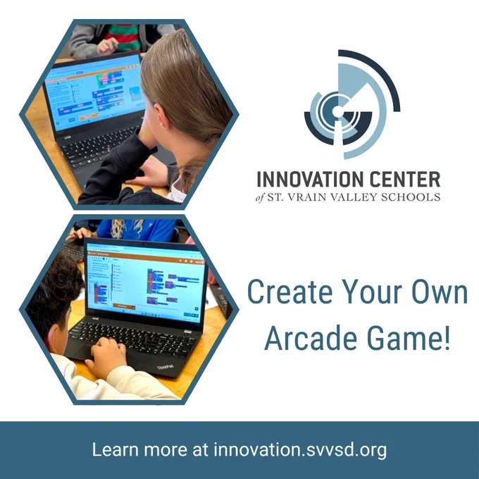 Two students work on laptops using Microsoft MakeCode Arcade to design games during the “Create Your Own Arcade Game” summer camp. The Innovation Center of St. Vrain Valley Schools logo appears beside the text “Create Your Own Arcade Game.” Footer reads: “Learn more at innovation.svvsd.org.”