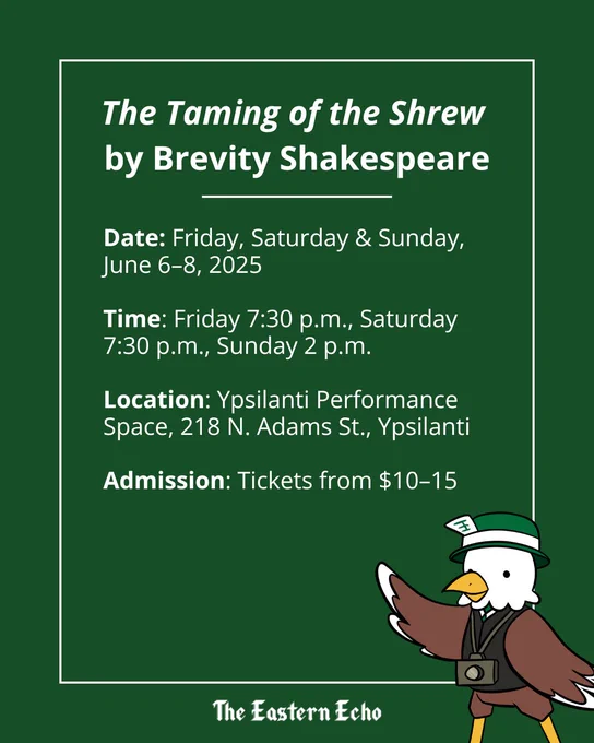 Time: Friday 7:30 p.m., Saturday 7:30 p.m., Sunday 2 p.m. Location: Ypsilanti Performance Space, 218 N. Adams St., Ypsilanti. Admission: Tickets from $10–15.”
