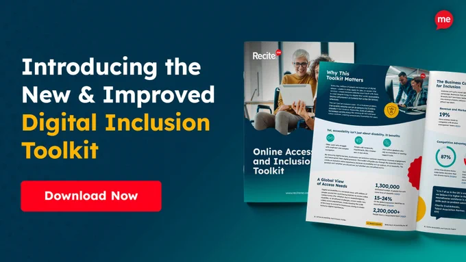 Graphic promoting Recite Me’s updated Digital Inclusion Toolkit, featuring the toolkit cover, a preview of inner pages, and a “Download Now” button.