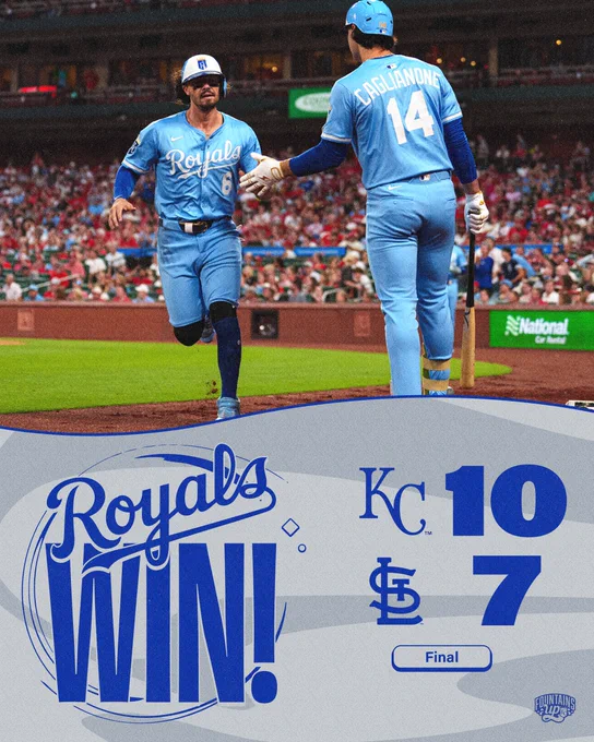 Final: 
Royals 10
Cardinals 7

Pictured:
Jonathan India and Jac Caglianone high-five as Jonathan returns to the dugout after scoring. (Photo by Jason Hanna/Kansas City Royals)