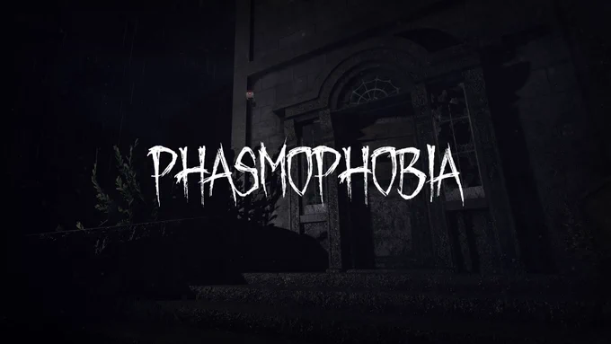 Key art for the game Phasmophobia. It shows the title logo on a darkened image of a doorway.