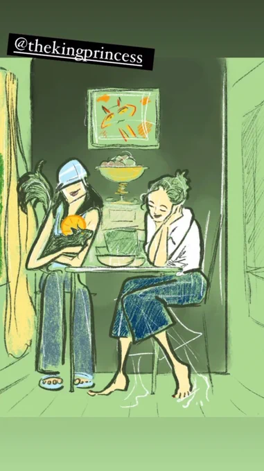 Green colored drawing of ruibo qian holding a black cat sitting at a table with a friend looking on adoringly
