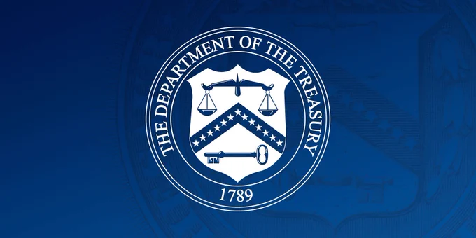 Official seal of the U.S. Department of the Treasury, featuring balanced scales, a chevron with 13 stars, and a key, with the founding year 1789.