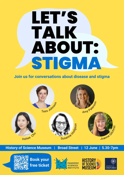 Poster of event- Let's talk about: Stigma. Photos of speakers- Tess Johnson, Amy Paterson, Hohee Cho, Susanne Hodgson, Joanne Gilchrist.
Location- History of Science Museum, Broad Street. 5:30-7 pm