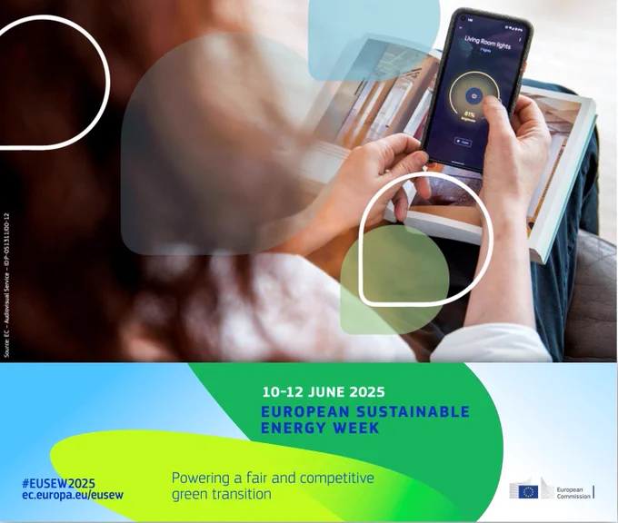 Photo showing a woman using her smart phone to set home lighting/ heating. At the bottom a banner of the European Sustainable Energy Week 10-12 June 2025. Powering a fair and competitive green transition.