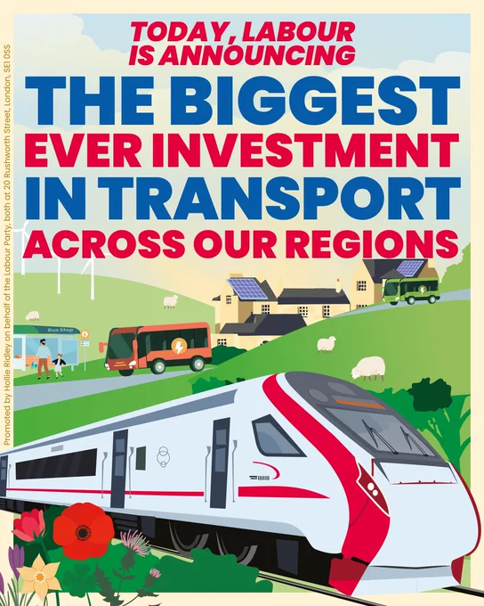 Text:
Today Labour is announcing the biggest ever investment in transport across our regions

Illustration of buses, houses with solar panels, bus stop, sheep, rolling hills and flowers.