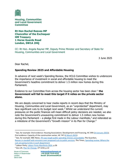 Page 1 of 2 of a letter from Florence Eshalomi MP, Chair of the Housing, Communities and Local Government Committee, to Rt Hon Rachel Reeves MP, Chancellor of the Exchequer, about the Spending Review 2025 and Affordable Housing. A PDF version of the letter is available on the Committee's website.