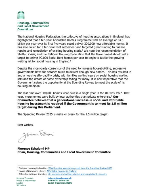 Page 2 of 2 of a letter from Florence Eshalomi MP, Chair of the Housing, Communities and Local Government Committee, to Rt Hon Rachel Reeves MP, Chancellor of the Exchequer, about the Spending Review 2025 and Affordable Housing. A PDF version of the letter is available on the Committee's website.